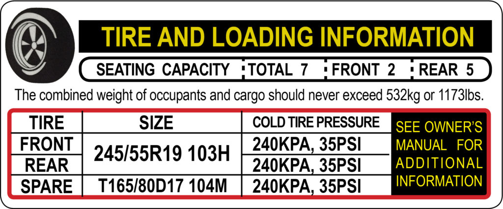 Tire Pressure Door Jamb Placard