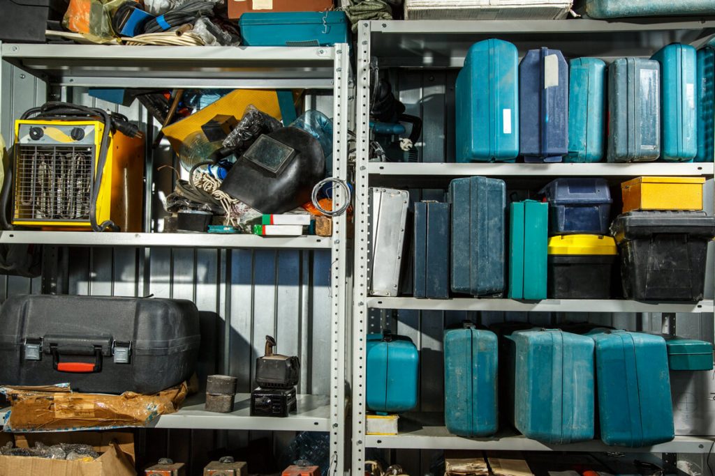 Auto mechanic tools in shelving