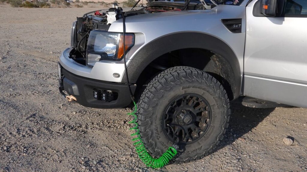 Tire inflator used on off-road pickup