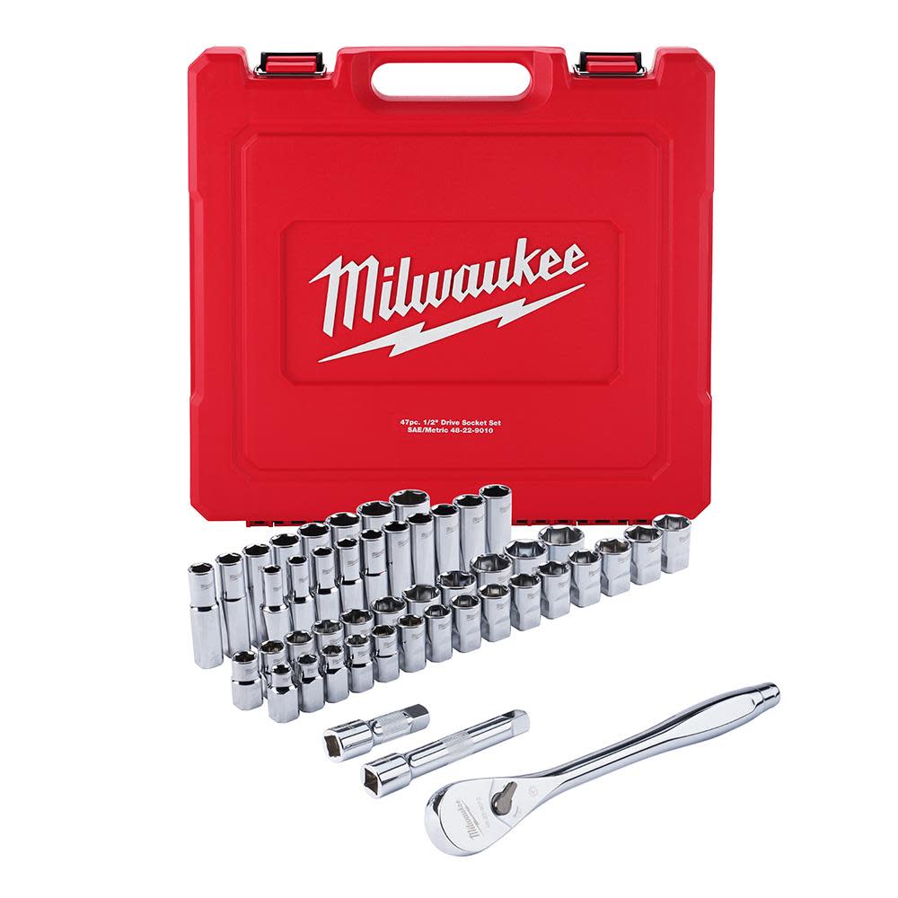 Milwaukee 48-22-9010 47-Piece SAE and Metric 1/2 inch Drive Ratchet and Socket Set
