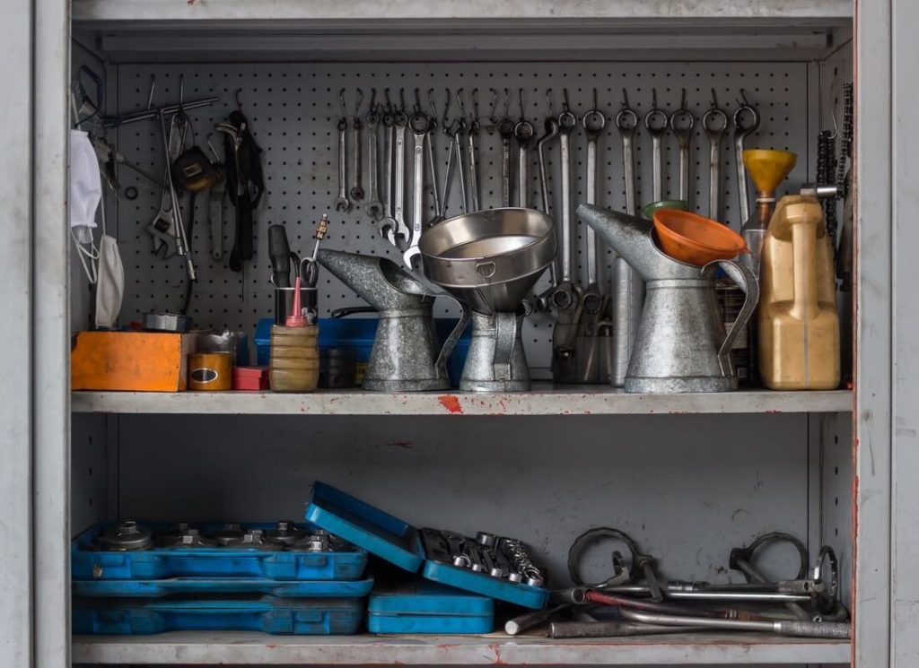 Tools in a garage cabinet